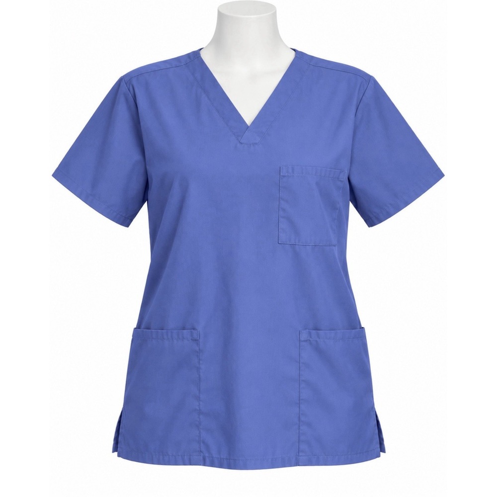 Periwinkle Blue V-Neck allheart basics Medical Scrub Top L Solid Woven/Cotton